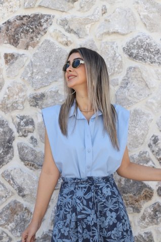 Mavi Sıfır Kol Vatkalı Salaş Gömlek