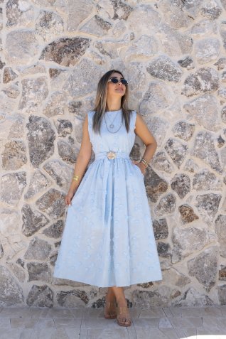 Mavi Üç Boyutlu Çiçekli Elbise