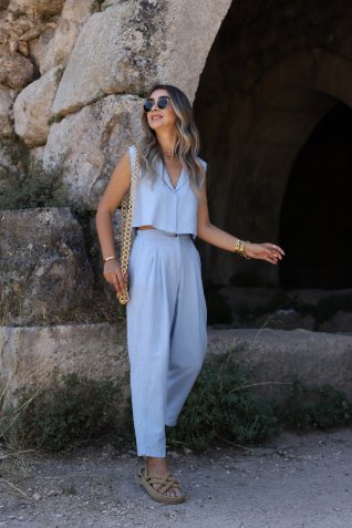 Mavi Yelekli Keten Havuç Takım