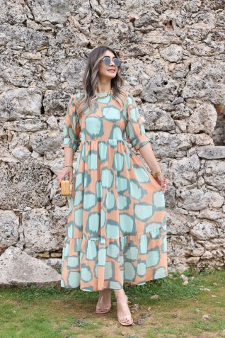 Mint-Turuncu Katlı Maxi Elbise