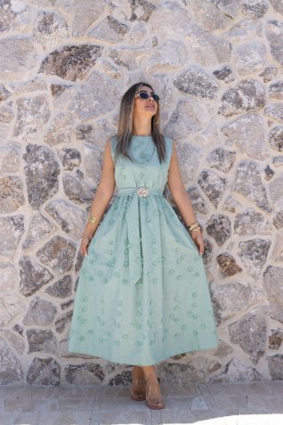 Mint Yeşili Üç Boyutlu Çiçekli Elbise