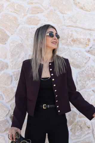 Mürdüm Bisiklet Yaka Gold Düğmeli Kısa Ceket