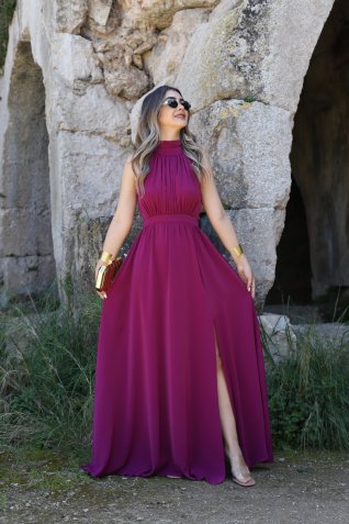 Mürdüm Halter Yaka Elbise