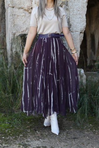 Mürdüm Kemer Detaylı Parçalı Şifon Etek