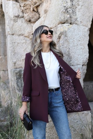 Mürdüm Leopar Astarlı Şal Yaka Blazer