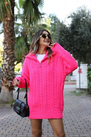 Neon Pembe Standart Beden Fermuarlı Örgü Desen Kazak