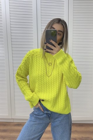 Neon Sarı Saç Örgü Standart Beden Kazak