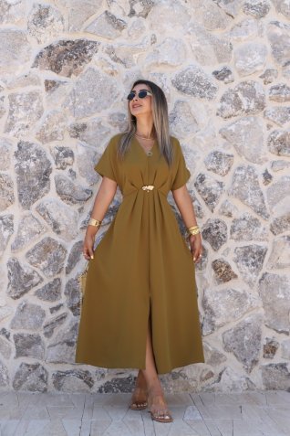 Olive Broş Detay Bel Bağlamalı Elbise