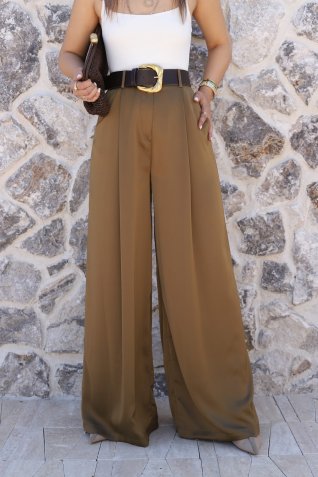 Olive Gold Kemerli Saten Pantolon