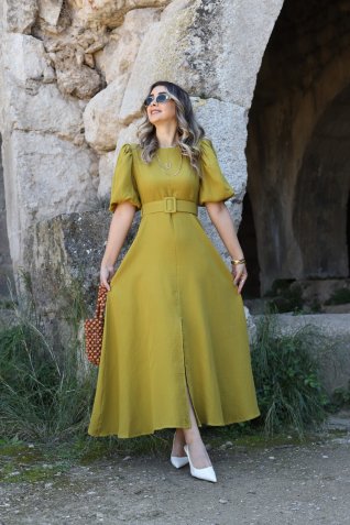 Olive Müslin Balon Kol Kalın Kemerli Elbise