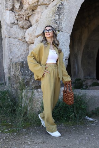 Olive Müslin Gömlekli Pantolon Takım