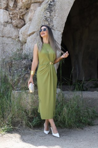 Olive Orjin Sıfır Kol Drapeli Tokalı Elbise