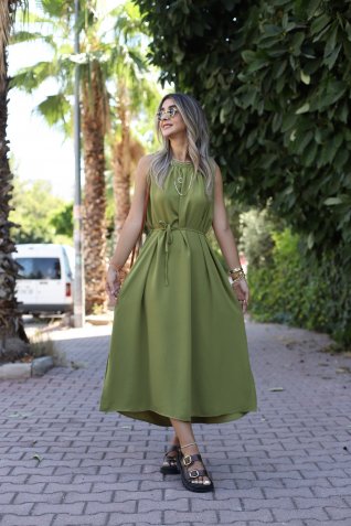 Olive Salaş Yakadan Büzgülü Elbise