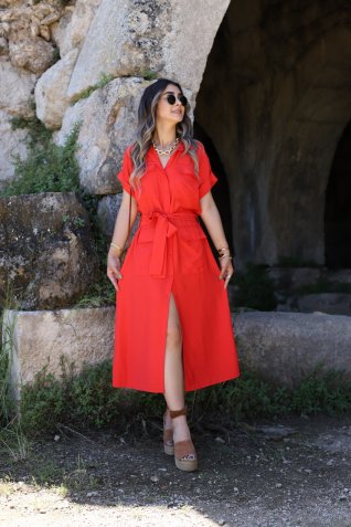 Orange Cep Detaylı Gömlek Elbise