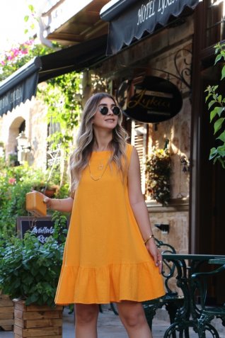 Orange Fırfır Keten Elbise