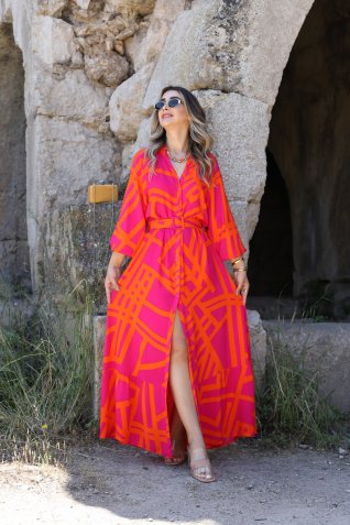 Orange Fuşya Desen Kemerli Elbise