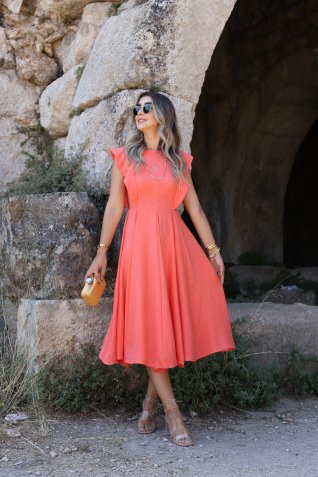 Orange Omuz Detay Uzun Elbise