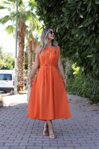  Orange Salaş Yakadan Büzgülü Elbise