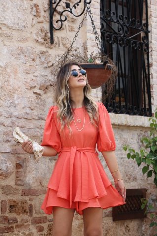 Orange Şeftali Keten Şort Elbise