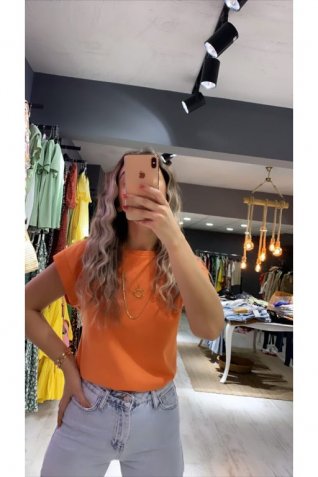 Orange Bisiklet Yaka Kol Detay Tshirt