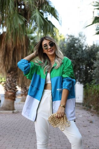 Paraşüt Oversize Yeşil-Mavi Yağmurluk