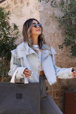 Parlak Taş Detay Jean Ceket