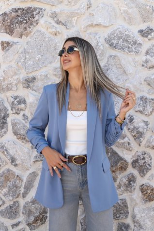 Pastel Mavi Kol Büzgü Detay Blazer