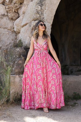 Pembe Askılı İpek Saten Eteği Volanlı Elbise