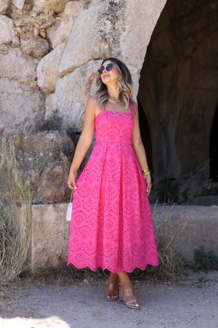 Pembe Askılı Pileli Fisto Midi Elbise