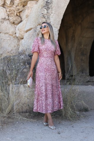 Pembe Balon Kol Pulpayet Elbise