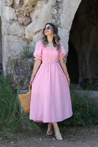 Pembe Balon Kollu Gipeli Brode Elbise