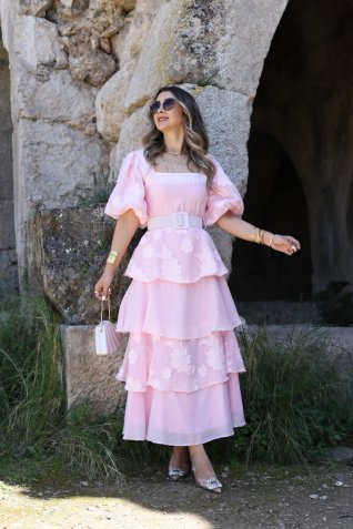 Pembe Balon Kollu Kemerli Kat Kat Elbise