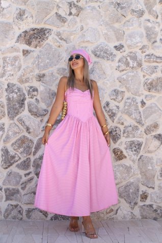 Pembe Bandanalı İp Askılı Çizgili Elbise
