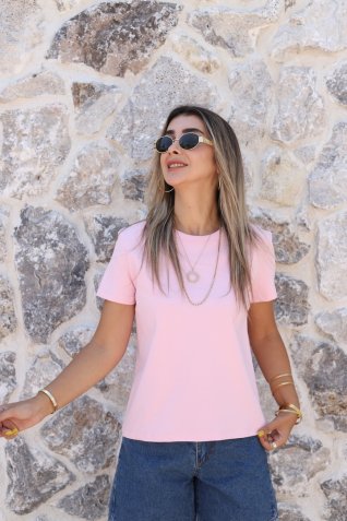 Pembe Basic Bisiklet Yaka Tshirt
