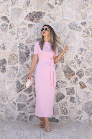 Pembe Basic Yandan Bağlamalı Elbise