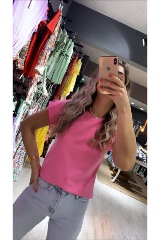 Pembe Bisiklet Yaka Kol Detay Tshirt