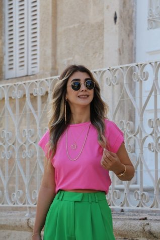 Pembe Bisiklet Yaka Kol Detay Tshirt