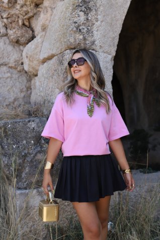 Pembe Bisiklet Yaka Salaş Tshirt