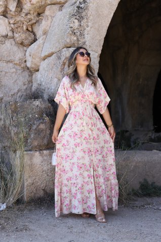 Pembe Çiçek Desen Beli Lastikli Elbise