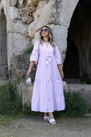 Pembe Çizgili Püskül Detay Elbise
