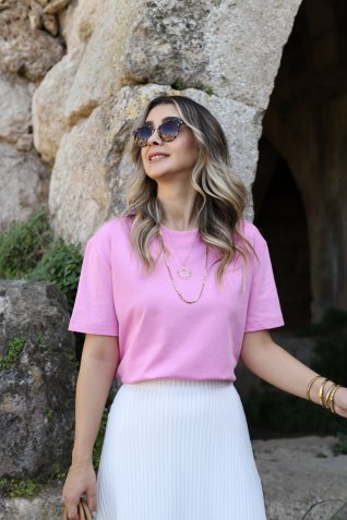 Pembe Dekoratif Yaka Salaş Tişört