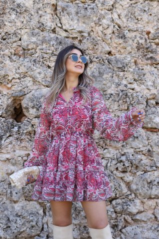 Pembe Desenli Şifon Elbise