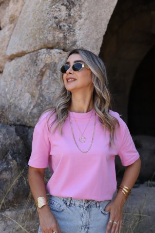Pembe Dikişli Yaka Tshirt