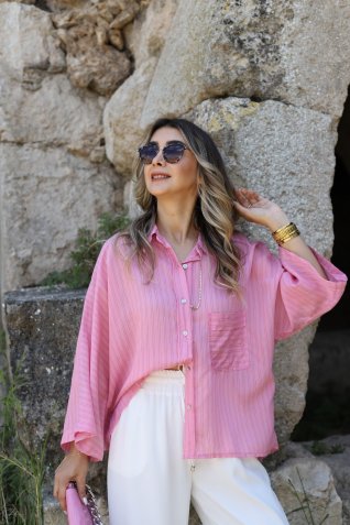 Pembe Dikişsiz Çizgili Viskon Standart Beden Gömlek