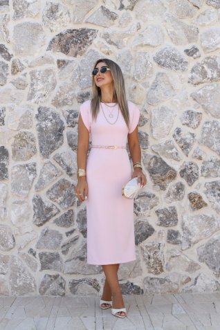 Pembe Düz Kesim İnce Kemerli Elbise
