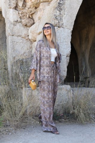 Pembe Ebruli Çizgili Saten Gömlek Pantolon Takım