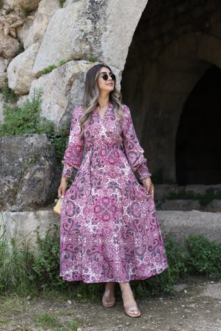 Pembe Floral Desenli Kemerli Elbise