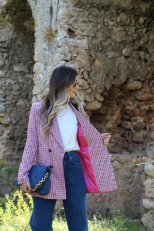 Pembe Kareli Blazer Ceket