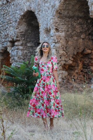 Pembe Karpuz Kol Çiçek Desen Elbise