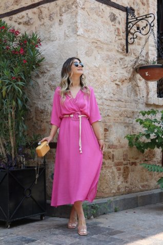 Pembe İpli Kemer Detay Standart Beden Elbise 